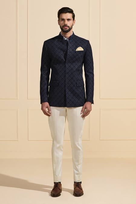 Raghavendra Rathore Jodhpur Navy Silk Geometric Bandhgala Online at Aza Fashions Raghavendra Rathore Jodhpur_Navy Silk Geometric Bandhgala _Online_at_Aza_Fashions