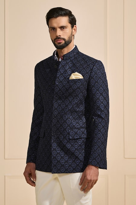 Buy Raghavendra Rathore Jodhpur Navy Silk Geometric Bandhgala Online at Aza Fashions Buy_Raghavendra Rathore Jodhpur_Navy Silk Geometric Bandhgala _Online_at_Aza_Fashions
