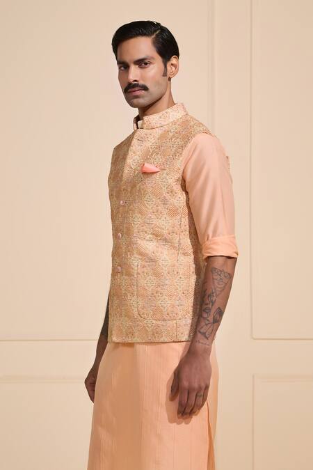Raghavendra Rathore Jodhpur_Peach Silk Embroidery Nehru Jacket _Online_at_Aza_Fashions