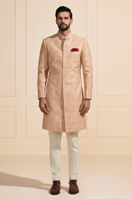 Raghavendra Rathore Jodhpur_Peach Silk Opalescent Sherwani _Online_at_Aza_Fashions