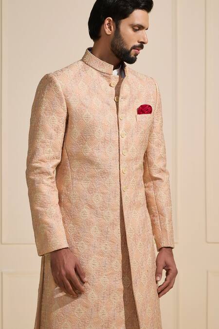 Buy_Raghavendra Rathore Jodhpur_Peach Silk Opalescent Sherwani _Online_at_Aza_Fashions