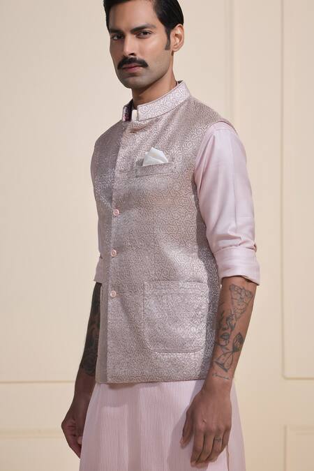 Raghavendra Rathore Jodhpur_Peach Brocade Shimmering Luxe Nehru Jacket Set _Online_at_Aza_Fashions
