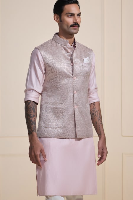 Buy_Raghavendra Rathore Jodhpur_Peach Brocade Shimmering Luxe Nehru Jacket Set _Online_at_Aza_Fashions