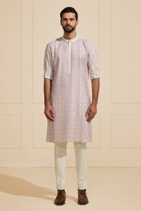 Raghavendra Rathore Jodhpur White Silk Embroidery Geometric Pattern Kurta Online at Aza Fashions Raghavendra Rathore Jodhpur_White Silk Embroidery Geometric Pattern Kurta _Online_at_Aza_Fashions