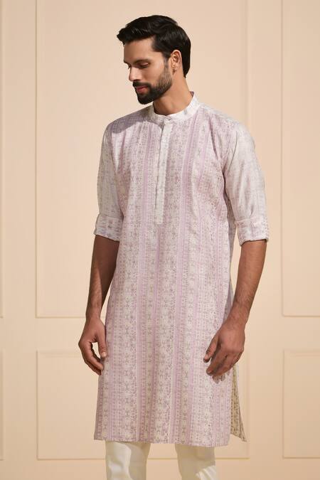 Shop Raghavendra Rathore Jodhpur White Silk Embroidery Geometric Pattern Kurta Online at Aza Fashions Shop_Raghavendra Rathore Jodhpur_White Silk Embroidery Geometric Pattern Kurta _Online_at_Aza_Fashions
