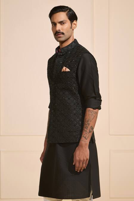Raghavendra Rathore Jodhpur Black Silk Ornate Bundi Nehru Jacket Online at Aza Fashions Raghavendra Rathore Jodhpur_Black Silk Ornate Bundi Nehru Jacket _Online_at_Aza_Fashions