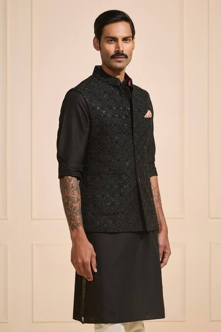 Buy Raghavendra Rathore Jodhpur Black Silk Ornate Bundi Nehru Jacket Online at Aza Fashions Buy_Raghavendra Rathore Jodhpur_Black Silk Ornate Bundi Nehru Jacket _Online_at_Aza_Fashions