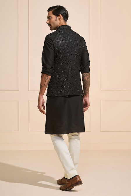 Shop Raghavendra Rathore Jodhpur Black Silk Ornate Bundi Nehru Jacket at Aza Fashions Shop_Raghavendra Rathore Jodhpur_Black Silk Ornate Bundi Nehru Jacket _at_Aza_Fashions