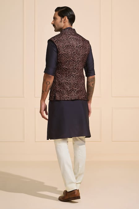 Shop Raghavendra Rathore Jodhpur Black Silk Embroidery Deep Garnet Ethnic Nehru Jacket at Aza Fashions Shop_Raghavendra Rathore Jodhpur_Black Silk Embroidery Deep Garnet Ethnic Nehru Jacket _at_Aza_Fashions