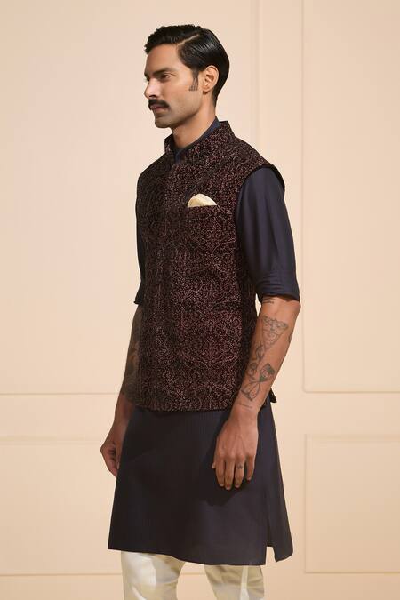 Raghavendra Rathore Jodhpur Black Silk Embroidery Deep Garnet Ethnic Nehru Jacket Online at Aza Fashions Raghavendra Rathore Jodhpur_Black Silk Embroidery Deep Garnet Ethnic Nehru Jacket _Online_at_Aza_Fashions