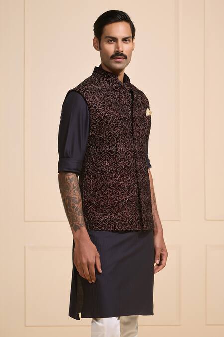 Buy Raghavendra Rathore Jodhpur Black Silk Embroidery Deep Garnet Ethnic Nehru Jacket Online at Aza Fashions Buy_Raghavendra Rathore Jodhpur_Black Silk Embroidery Deep Garnet Ethnic Nehru Jacket _Online_at_Aza_Fashions