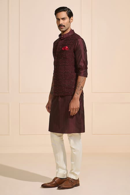 Raghavendra Rathore Jodhpur_Maroon Silk Designer Nehru Jacket Set _Online_at_Aza_Fashions