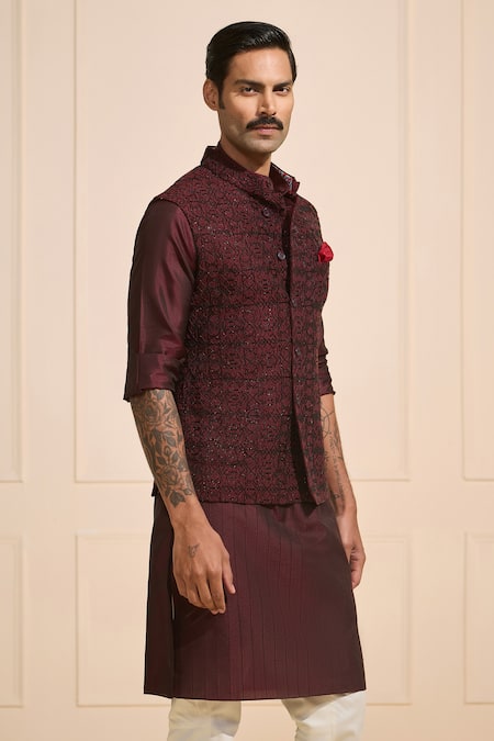 Buy_Raghavendra Rathore Jodhpur_Maroon Silk Designer Nehru Jacket Set _Online_at_Aza_Fashions