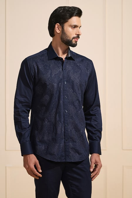 Raghavendra Rathore Jodhpur_Navy Cotton Luxe Dark Blue Shirt _Online_at_Aza_Fashions