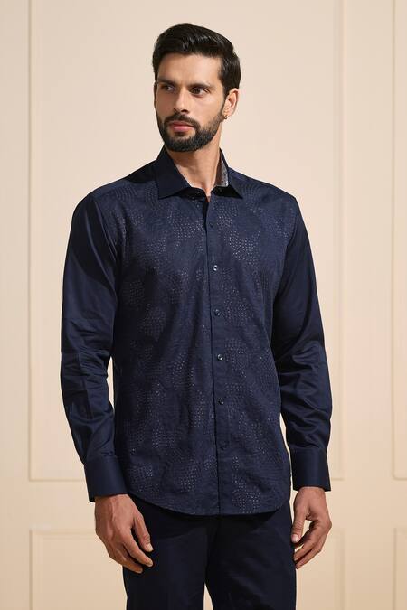 Shop_Raghavendra Rathore Jodhpur_Navy Cotton Luxe Dark Blue Shirt _Online_at_Aza_Fashions