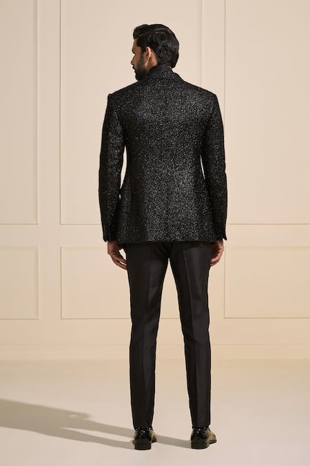 Shop Raghavendra Rathore Jodhpur Black Satin Embellished Tuxedo Jacket at Aza Fashions Shop_Raghavendra Rathore Jodhpur_Black Satin Embellished Tuxedo Jacket _at_Aza_Fashions