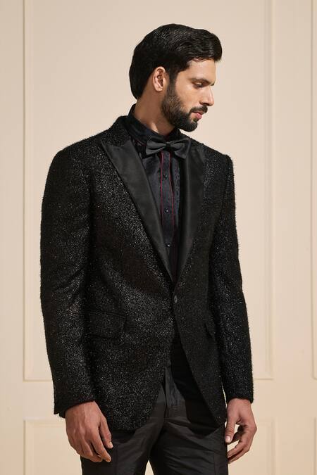 Shop Raghavendra Rathore Jodhpur Black Satin Embellished Tuxedo Jacket Online at Aza Fashions Shop_Raghavendra Rathore Jodhpur_Black Satin Embellished Tuxedo Jacket _Online_at_Aza_Fashions