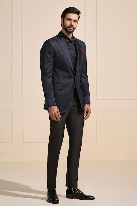 Buy_Raghavendra Rathore Jodhpur_Navy Suede Tuxedo Jacket _Online_at_Aza_Fashions