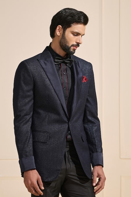 Shop_Raghavendra Rathore Jodhpur_Navy Suede Tuxedo Jacket _Online_at_Aza_Fashions
