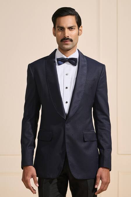 Shop_Raghavendra Rathore Jodhpur_Navy Suede Tuxedo Jacket _Online_at_Aza_Fashions