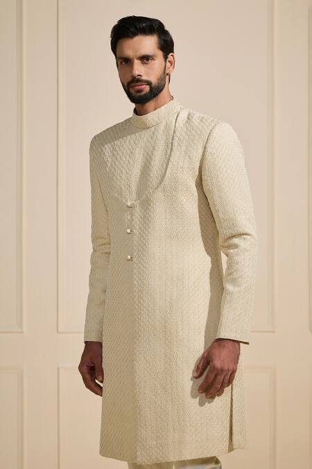 Raghavendra Rathore Jodhpur_Off White Linen Embroidery Asymmetrical Statement Sherwani_Online_at_Aza_Fashions