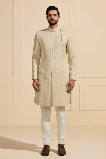 Buy_Raghavendra Rathore Jodhpur_Off White Linen Embroidery Asymmetrical Statement Sherwani_Online_at_Aza_Fashions
