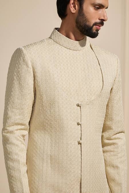 Shop_Raghavendra Rathore Jodhpur_Off White Linen Embroidery Asymmetrical Statement Sherwani_Online_at_Aza_Fashions