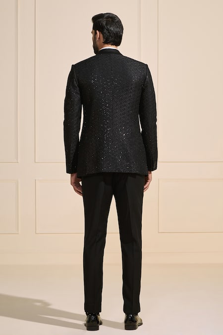 Shop Raghavendra Rathore Jodhpur Black Satin Ornate Tuxedo Jacket at Aza Fashions Shop_Raghavendra Rathore Jodhpur_Black Satin Ornate Tuxedo Jacket _at_Aza_Fashions
