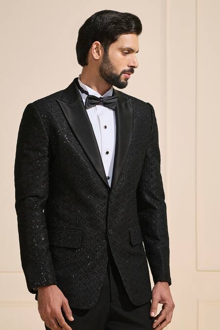 Shop Raghavendra Rathore Jodhpur Black Satin Ornate Tuxedo Jacket Online at Aza Fashions Shop_Raghavendra Rathore Jodhpur_Black Satin Ornate Tuxedo Jacket _Online_at_Aza_Fashions