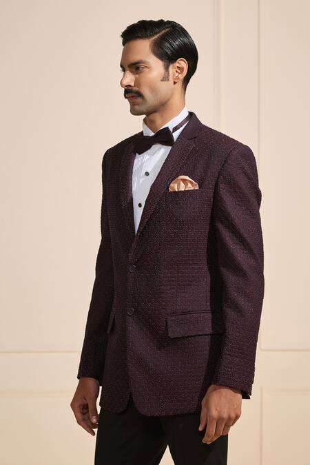 Raghavendra Rathore Jodhpur_Wine Satin Textured Regal Tuxedo _Online_at_Aza_Fashions