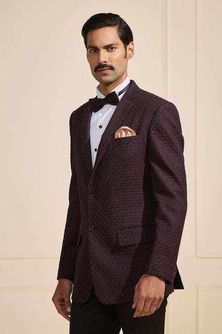 Buy_Raghavendra Rathore Jodhpur_Wine Satin Textured Regal Tuxedo _Online_at_Aza_Fashions