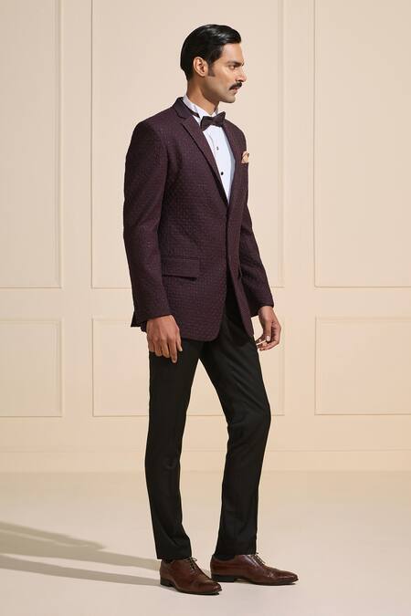 Shop_Raghavendra Rathore Jodhpur_Wine Satin Textured Regal Tuxedo _Online_at_Aza_Fashions