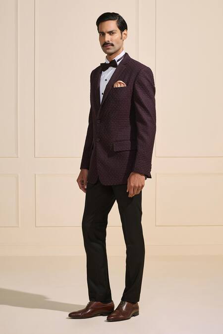 Raghavendra Rathore Jodhpur_Wine Satin Textured Regal Tuxedo _at_Aza_Fashions
