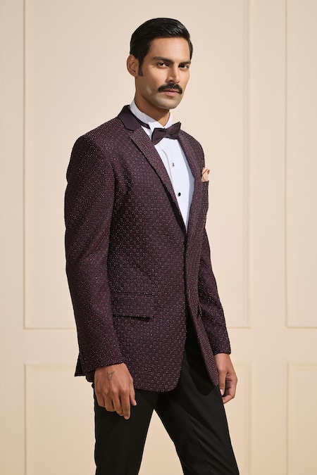 Buy_Raghavendra Rathore Jodhpur_Wine Satin Textured Regal Tuxedo 