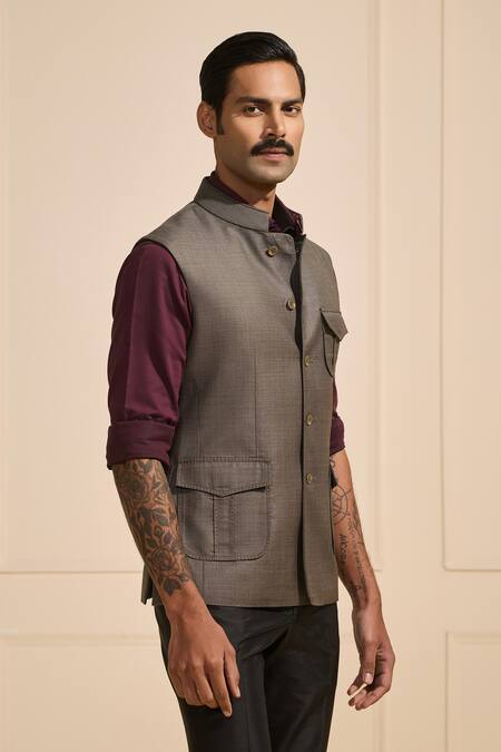 Shop Raghavendra Rathore Jodhpur Gray Wool Steel Grey Nehru Jacket Online at Aza Fashions Shop_Raghavendra Rathore Jodhpur_Gray Wool Steel Grey Nehru Jacket _Online_at_Aza_Fashions