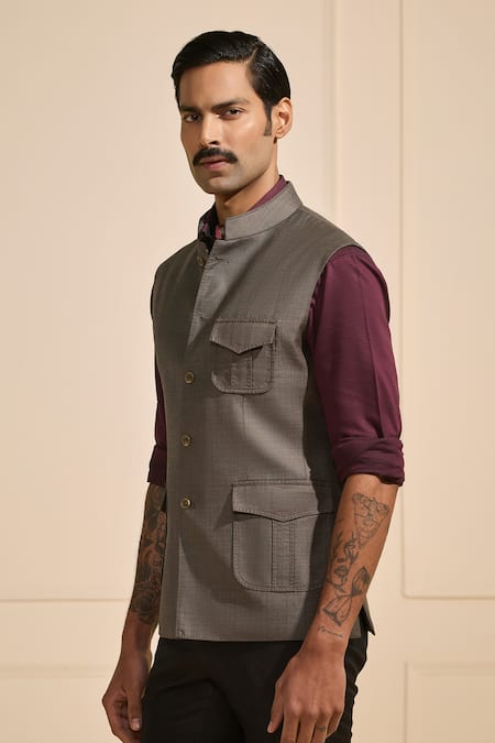 Raghavendra Rathore Jodhpur Gray Wool Steel Grey Nehru Jacket at Aza Fashions Raghavendra Rathore Jodhpur_Gray Wool Steel Grey Nehru Jacket _at_Aza_Fashions