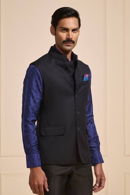 Raghavendra Rathore Jodhpur Navy Suede Nehru Jacket With Designer Sleeves Online at Aza Fashions Raghavendra Rathore Jodhpur_Navy Suede Nehru Jacket With Designer Sleeves _Online_at_Aza_Fashions