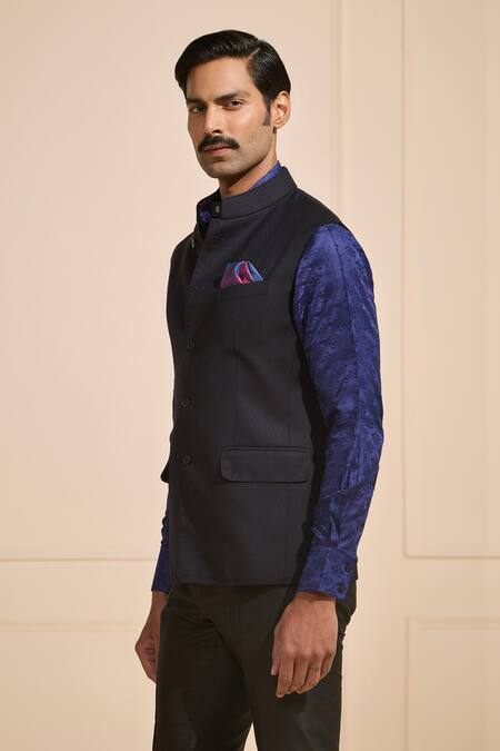 Buy Raghavendra Rathore Jodhpur Navy Suede Nehru Jacket With Designer Sleeves Online at Aza Fashions Buy_Raghavendra Rathore Jodhpur_Navy Suede Nehru Jacket With Designer Sleeves _Online_at_Aza_Fashions
