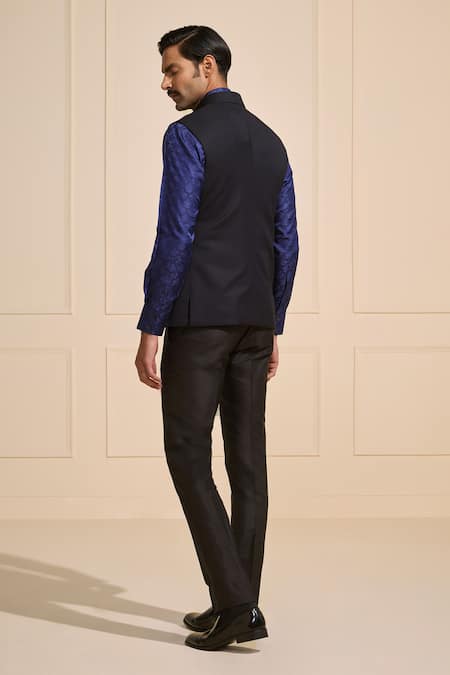 Shop Raghavendra Rathore Jodhpur Navy Suede Nehru Jacket With Designer Sleeves at Aza Fashions Shop_Raghavendra Rathore Jodhpur_Navy Suede Nehru Jacket With Designer Sleeves _at_Aza_Fashions