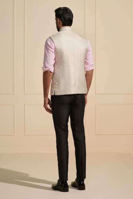 Shop Raghavendra Rathore Jodhpur White Satin Floral Weaves Nehru Jacket at Aza Fashions Shop_Raghavendra Rathore Jodhpur_White Satin Floral Weaves Nehru Jacket _at_Aza_Fashions