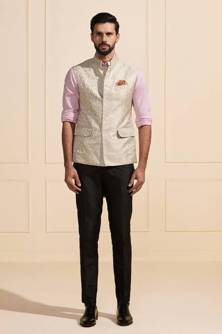 Raghavendra Rathore Jodhpur White Satin Floral Weaves Nehru Jacket Online at Aza Fashions Raghavendra Rathore Jodhpur_White Satin Floral Weaves Nehru Jacket _Online_at_Aza_Fashions