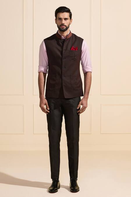 Raghavendra Rathore Jodhpur Black Satin Nehru Jacket With Pocket Square Online at Aza Fashions Raghavendra Rathore Jodhpur_Black Satin Nehru Jacket With Pocket Square _Online_at_Aza_Fashions