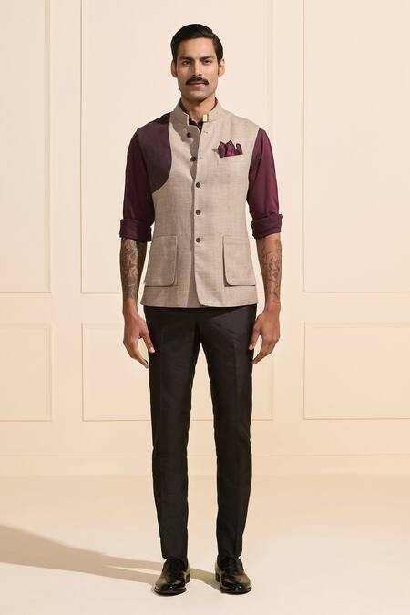 Raghavendra Rathore Jodhpur_Beige Satin Elegance Bespoke Nehru Jacket _Online_at_Aza_Fashions