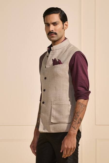 Buy_Raghavendra Rathore Jodhpur_Beige Satin Elegance Bespoke Nehru Jacket _Online_at_Aza_Fashions