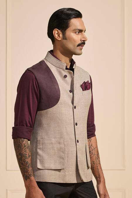 Shop_Raghavendra Rathore Jodhpur_Beige Satin Elegance Bespoke Nehru Jacket _Online_at_Aza_Fashions