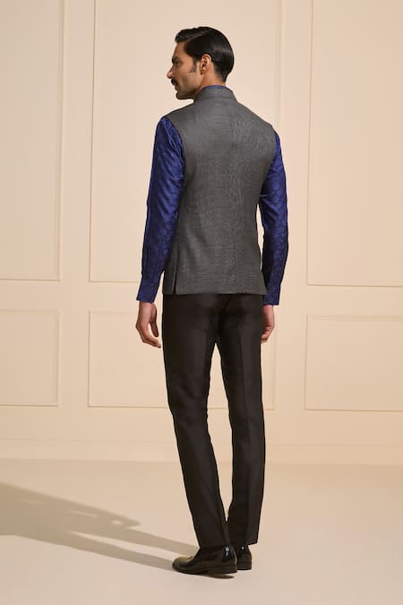 Shop Raghavendra Rathore Jodhpur Gray Satin Woven Sleek Nehru Jacket at Aza Fashions Shop_Raghavendra Rathore Jodhpur_Gray Satin Woven Sleek Nehru Jacket _at_Aza_Fashions