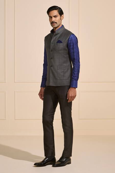 Shop Raghavendra Rathore Jodhpur Gray Satin Woven Sleek Nehru Jacket Online at Aza Fashions Shop_Raghavendra Rathore Jodhpur_Gray Satin Woven Sleek Nehru Jacket _Online_at_Aza_Fashions