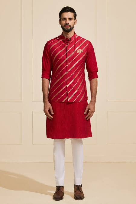 Raghavendra Rathore Jodhpur_Red Silk Zari Flamegold Festive Nehru Jacket _Online_at_Aza_Fashions