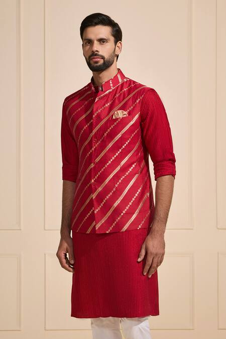 Buy_Raghavendra Rathore Jodhpur_Red Silk Zari Flamegold Festive Nehru Jacket _Online_at_Aza_Fashions