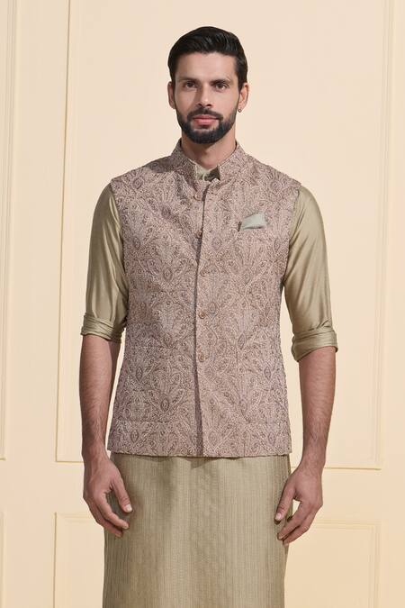Raghavendra Rathore Jodhpur_Beige Silk Embroidery And Brown Designer Nehru Jacket_Online_at_Aza_Fashions
